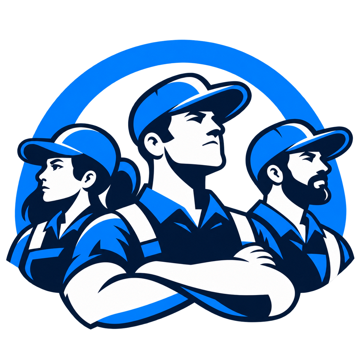 CrewTend three-person crew emblem in electric blue, navy and white