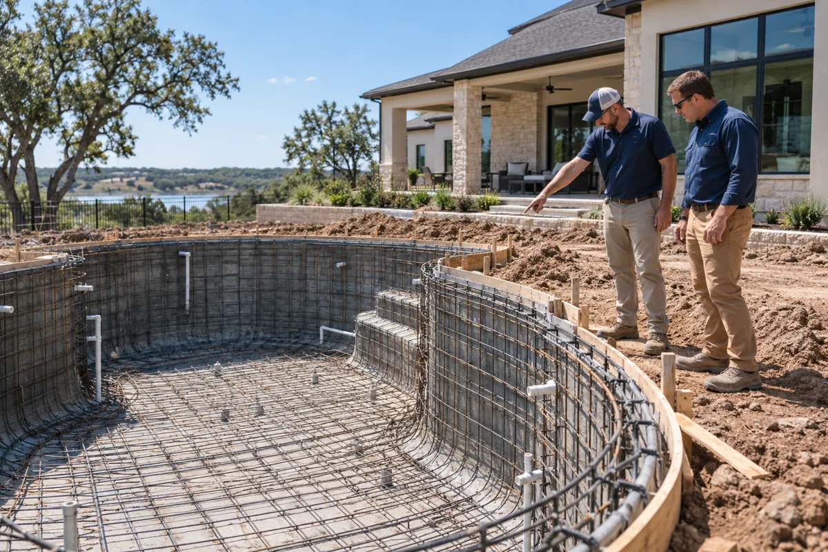 Construction crew reviewing a residential pool project